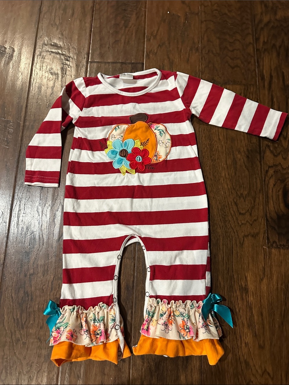 Kids Red & White Stripe Pumpkin Appliqué One-Piece Romper